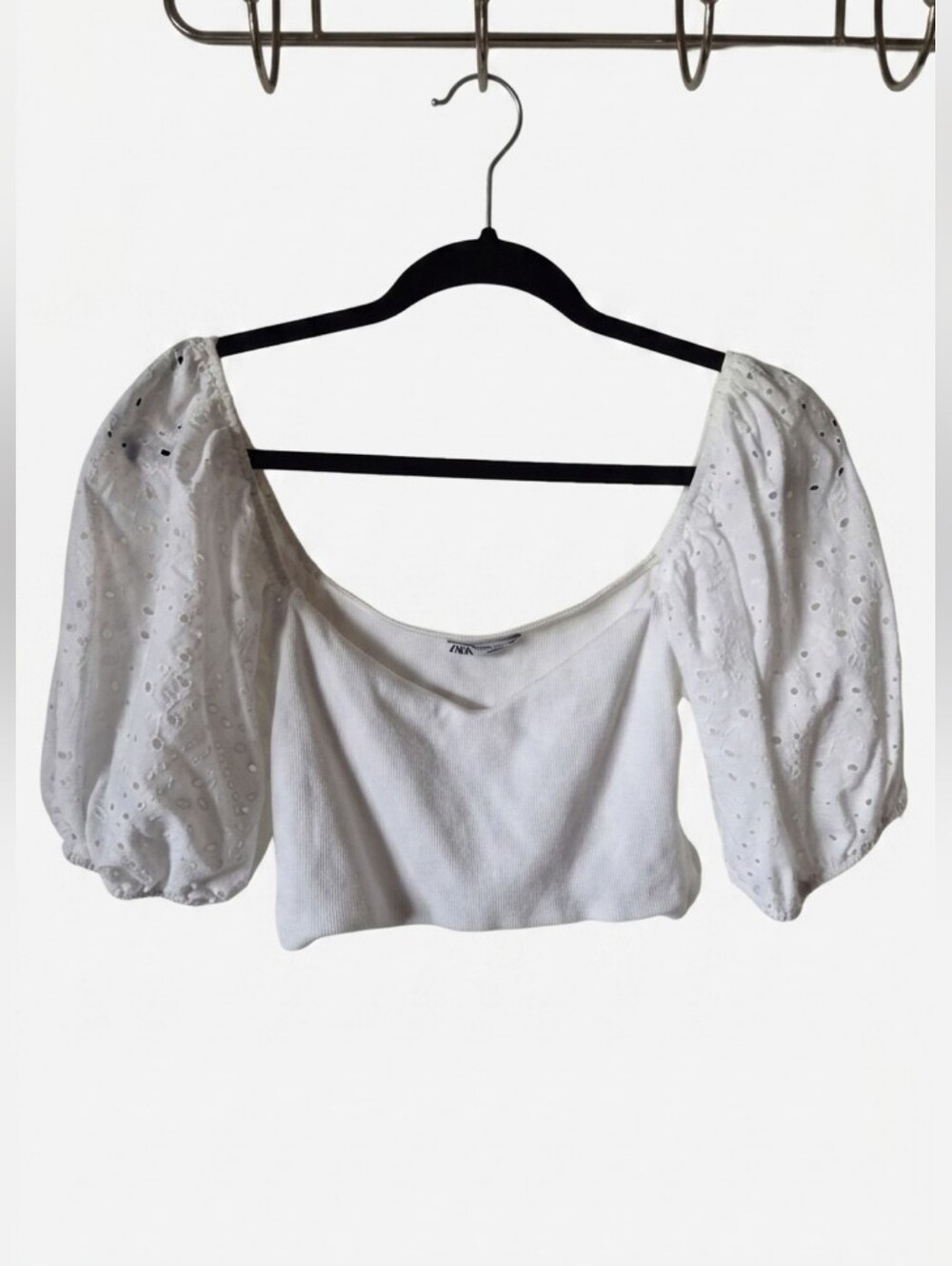Zara White Puff-Sleeve Eyelet Cropped Top
